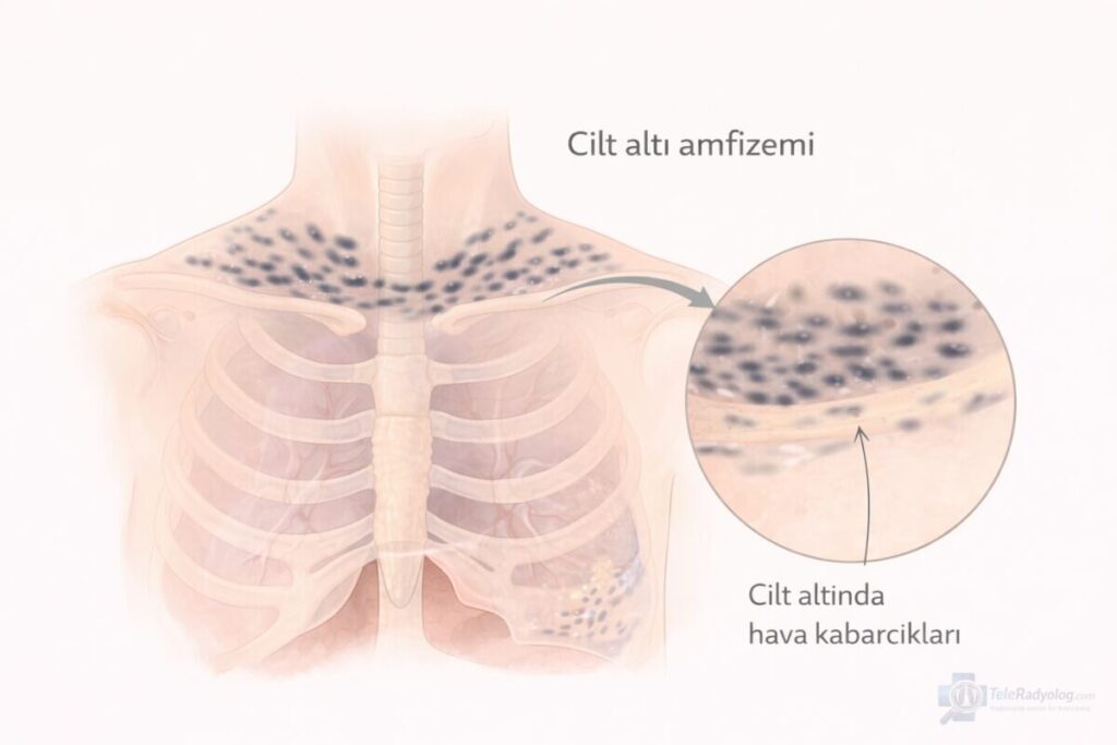 Cilt Altı Amfizemi (Cilt Altında Hava) – Toraks, BT, Röntgen radyoloji terimi için şematik gösterim.