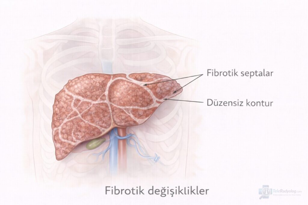 Parankimde Fibrotik Değişiklikler (Karaciğer Fibrozisi) – Batın, BT, MR radyoloji terimi için şematik gösterim.