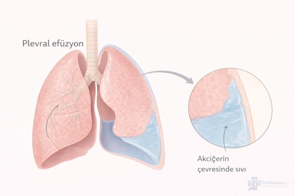 Plevral Efüzyon (Akciğerde Sıvı Toplanması) – Toraks, BT, Röntgen radyoloji terimi için şematik gösterim.